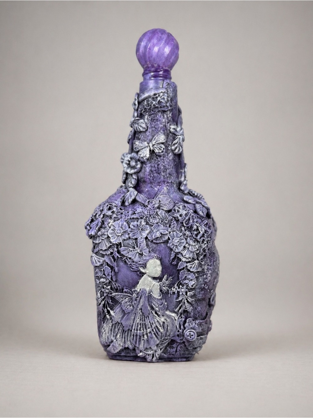 Handcrafted Purple Decorative Bottle with Floral Fairy Relief